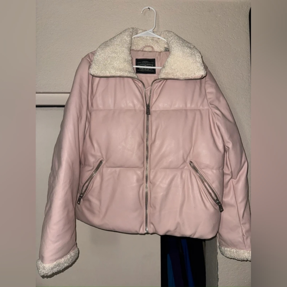 Faux Leather Pink Puffer Jacket with Sherpa Collar
